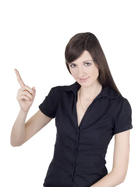 Attractive young woman pointing her finger — Stock Photo, Image