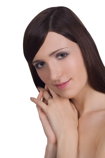 Portrét krásné nahé bruneta nad bílá — Stock fotografie