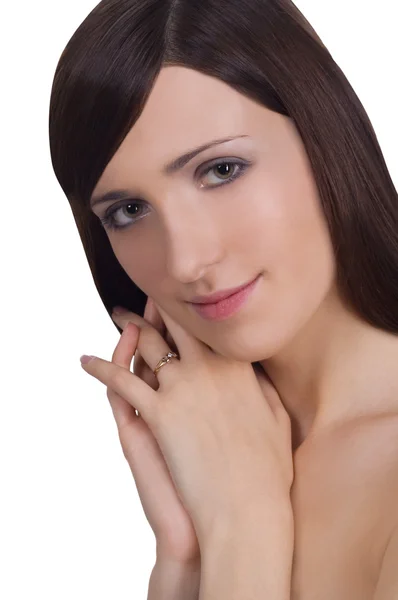Portrait of lovely nude brunette over white — Stock Photo, Image