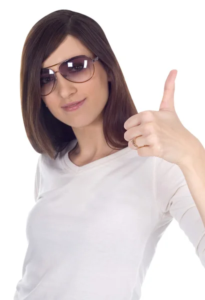 Woman in sunglasses showing ok — Stock Photo, Image