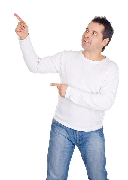 Happy man showing something on the palm of his hands