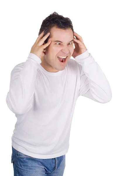 Θυμωμένος άνθρωπος ουρλιάζοντας απομονωμένες πάνω από λευκό — Φωτογραφία Αρχείου