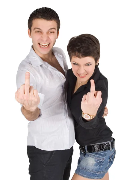 Man and woman showing middle finger — Stock Photo, Image