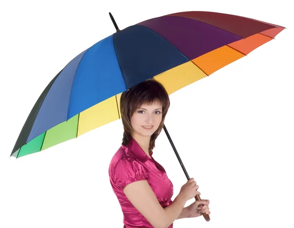 Härlig ung dam står med färg paraply — Stockfoto