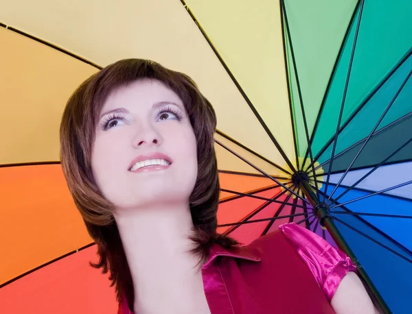 Young lady standing with color umbrella — Stock Photo, Image