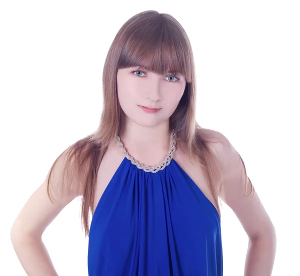 Mooie jonge groen-ogen dame in blauwe jurk — Stockfoto