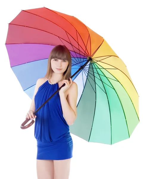 Bella signorina in piedi con ombrello a colori — Foto Stock