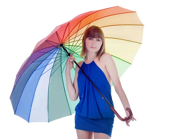Dame permanent met kleur paraplu — Stockfoto