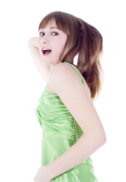 Young blonde in green dress — Stock Photo, Image