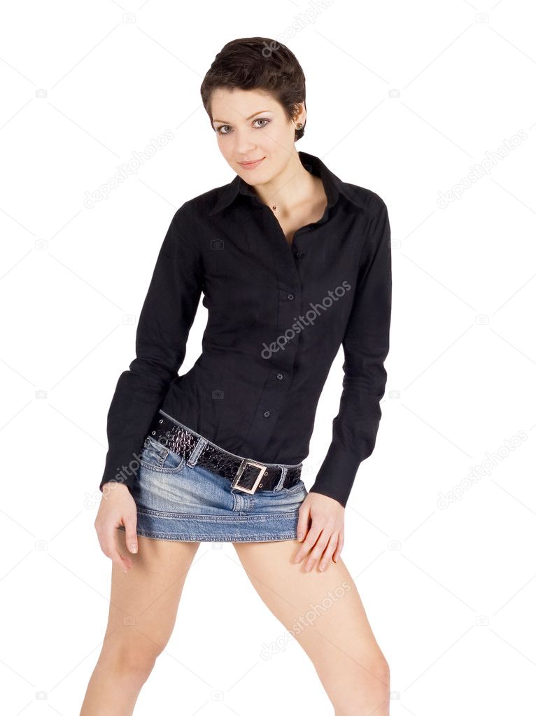 Lovely brunette in denim skirt Stock Photo by ©Kurganov 2763357