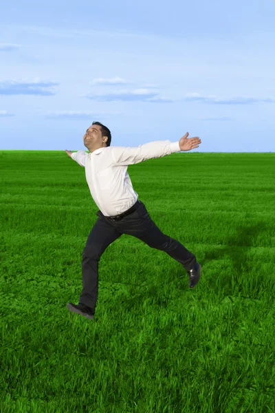 Running businessman in the meadow — Stock Photo, Image