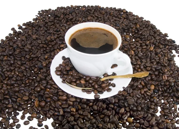 stock image Coffee cup on brown roasted beans