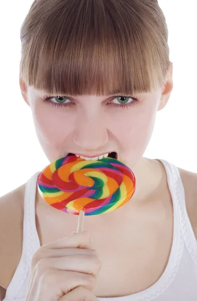 Hungry blonde with color lolli — Stock Photo, Image