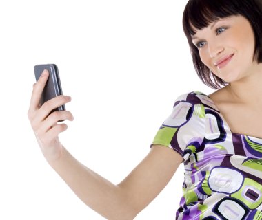 Happy woman with cell phone clipart