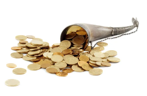 Füllhorn voller Goldmünzen — Stockfoto