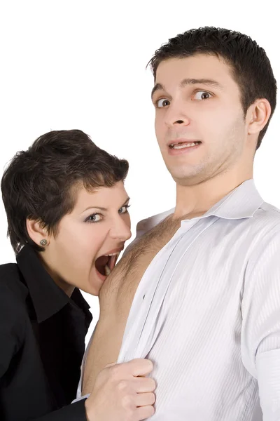 Brunette embracing man and going bite him — Stock Photo, Image