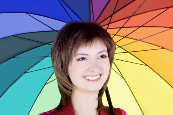 Дама стоїть з кольоровою парасолькою — стокове фото