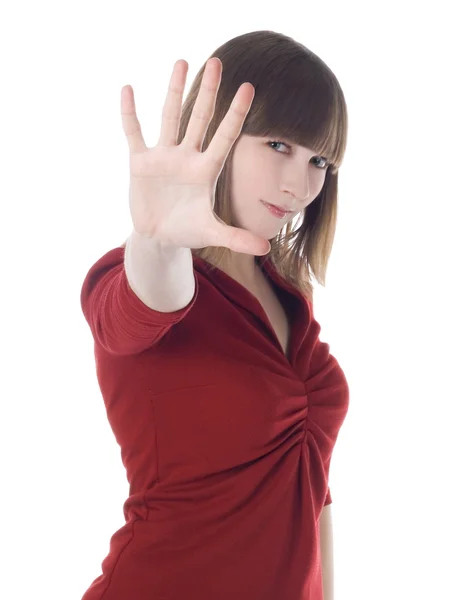 Bright picture of lovely woman in red clothes — Stock Photo, Image