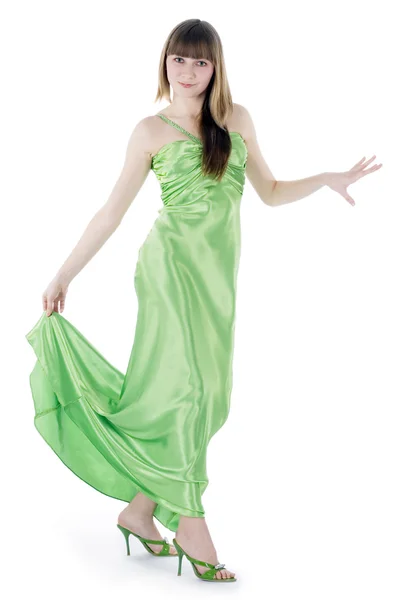 Mooie vrouw in groene jurk — Stockfoto