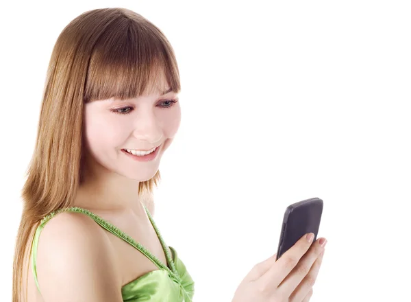 Яскрава картина щасливої блондинки з мобільним телефоном — стокове фото