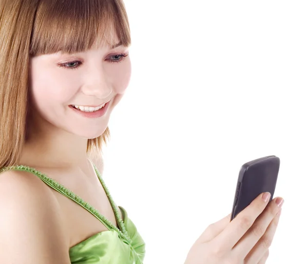 Щаслива блондинка з мобільним телефоном — стокове фото
