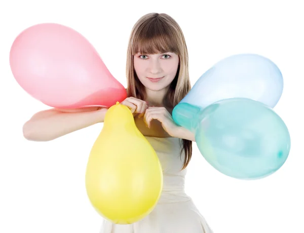 stock image Happy blonde with color balloons