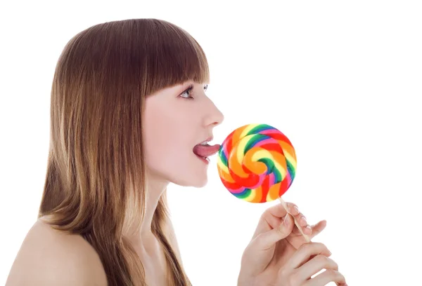Immagini luminose di bionda felice con lecca-lecca a colori — Foto Stock