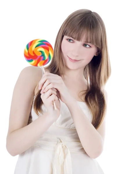 明亮的彩色棒棒糖的饿金发的图片 — 图库照片