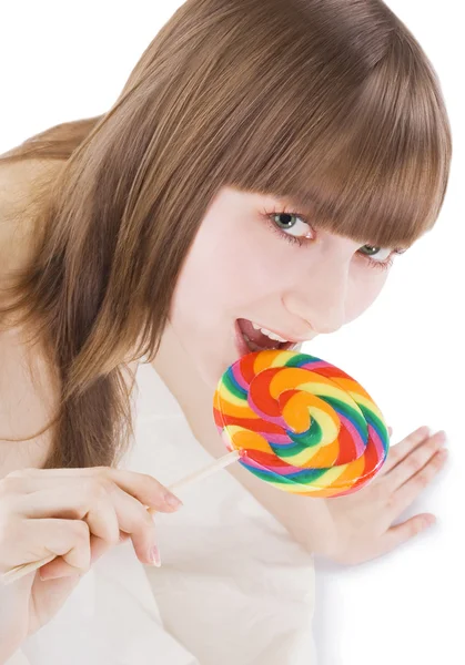 Bright picture of happy blonde with color lollipop — Stock Photo, Image