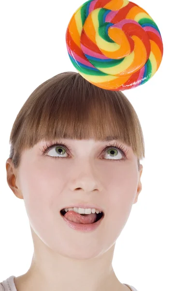 Bright picture of happy blonde with color lollipop — Stock Photo, Image