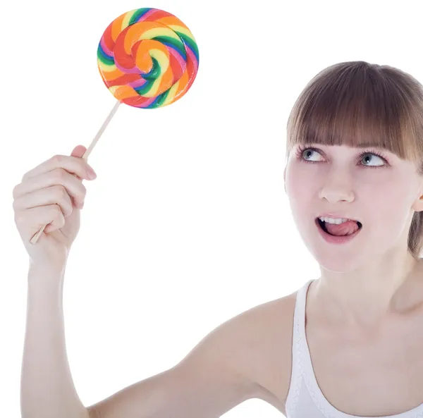Happy blonde with color lollipop — Stock Photo, Image