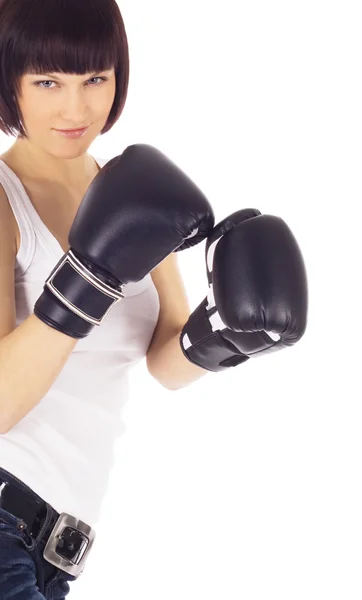 Foto de mujer en guantes de boxeo — Foto de Stock