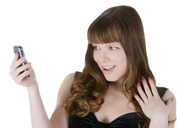 Happy brunette with cell phone — Stock Photo, Image