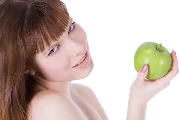 Фото топлесс женщины с зеленым яблоком — стоковое фото