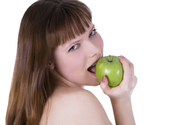 Obrázek polonahá žena s zelené jablko — Stock fotografie