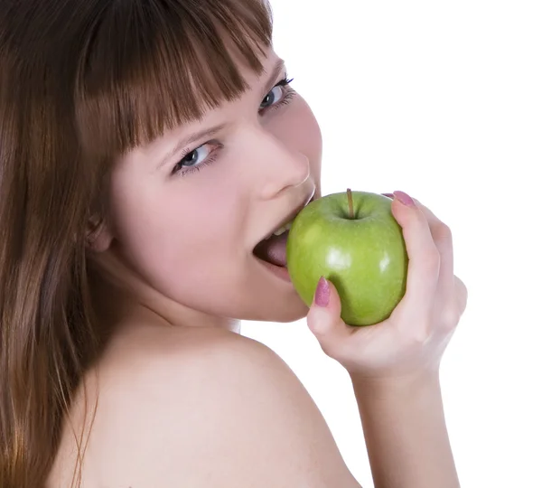 青リンゴとトップレスの女性の写真 — ストック写真