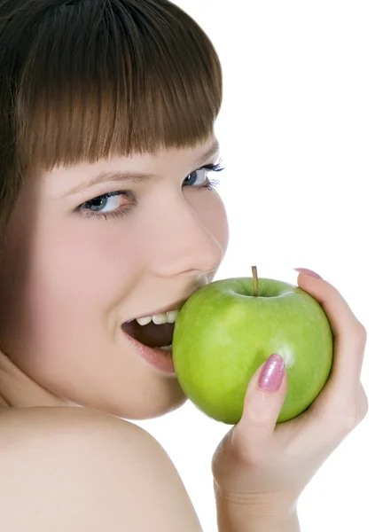 Donna in topless con mela verde — Foto Stock