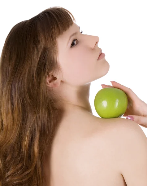 Топлесс женщина с зеленым яблоком — стоковое фото