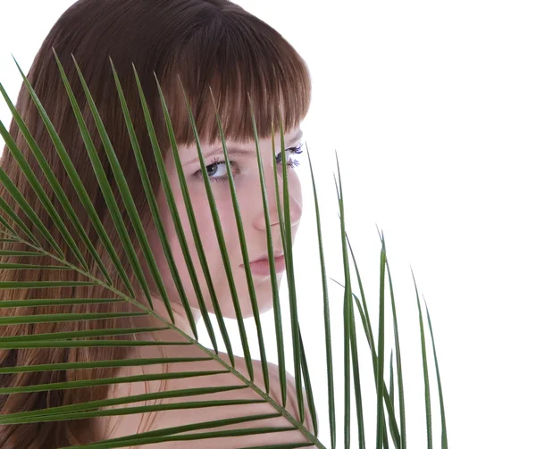 Vackra ansikte kvinna gömmer sig bakom bpalm blad — Stockfoto
