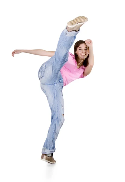 Девушка-подросток танцует хип-хоп над белым — стоковое фото