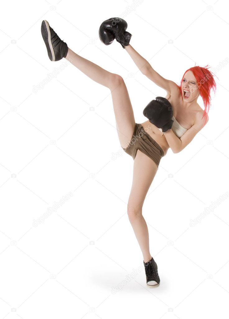 Red-hair girl kick boxer