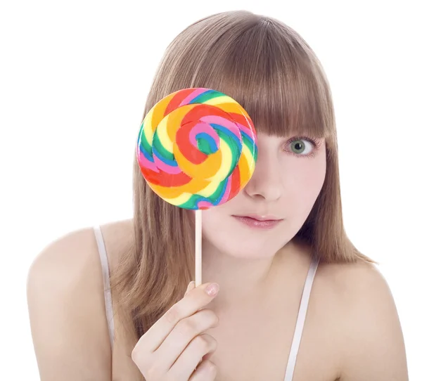 Happy blonde with color lollipop — Stock Photo, Image