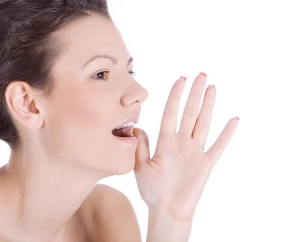 Femme chuchotant ragots nouvelles — Photo