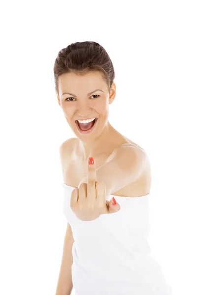 Mulher mostrando dedo médio sobre branco — Fotografia de Stock