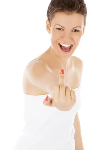 Mulher mostrando dedo médio sobre branco — Fotografia de Stock