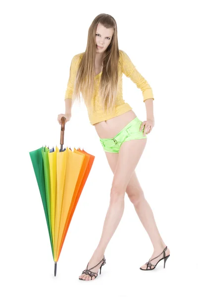 Senhora posando com guarda-chuva de cor — Fotografia de Stock