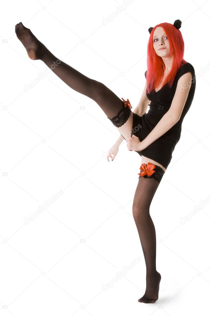 Picture of red hair woman in black stockings