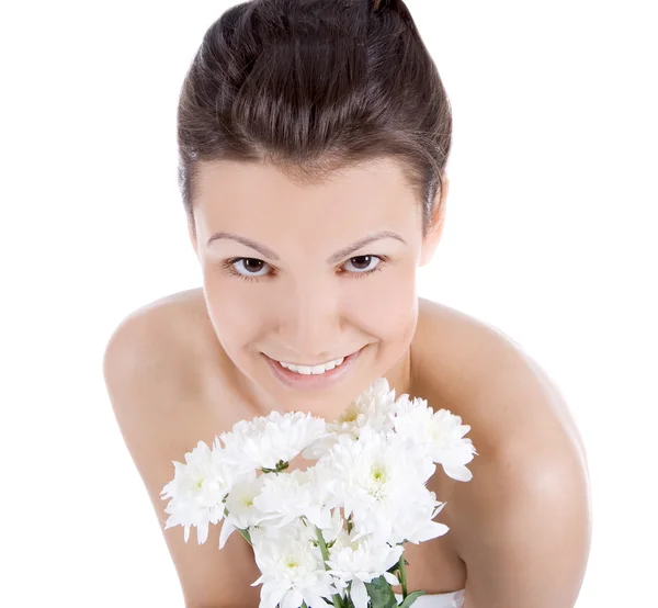 Frau mit weißer Blume. — Stockfoto