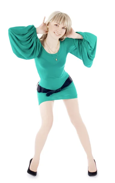 明亮的绿色连衣裙的可爱女人的图片 — 图库照片