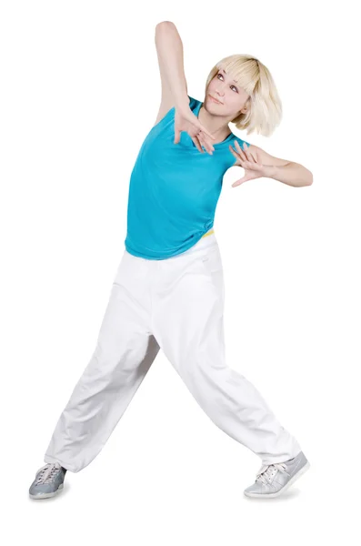 Dospívající dívka tančí hip-hop nad bílá — Stock fotografie